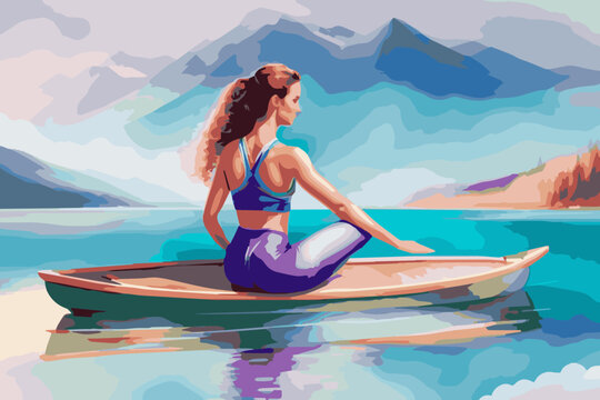 Vector graphics in the style of drawing with watercolor paints, the concept of a young pretty fictional girl of an athletic build in a boat floats on the river and admires the mountain landscape
