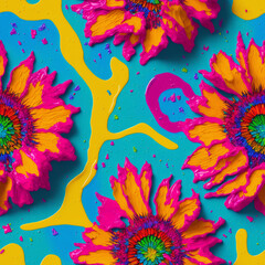 Fototapeta na wymiar Colorful Psychedelic Seamless Impasto Flowers, 3d Flowers