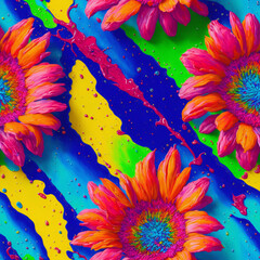 Colorful Psychedelic Seamless Impasto Flowers, 3d Flowers
