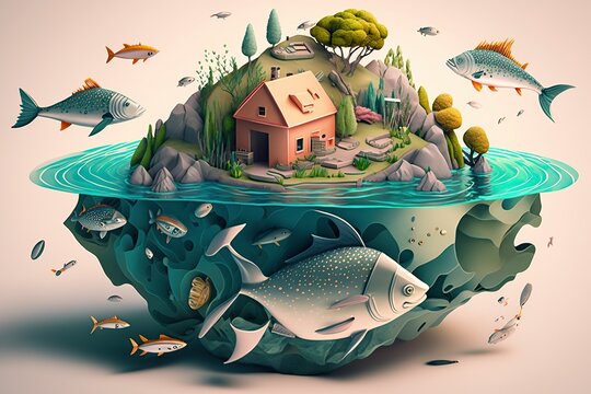 cartoon illustration, underwater island with house, fish and plants, fantasy, ai generative