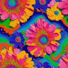 Colorful Psychedelic Seamless Impasto Flowers, 3d Flowers