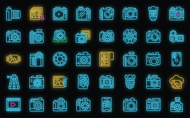 Photo camera icons set outline vector. Camera photo. Flash emoticon neon color on black