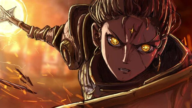 A fierce paladin girl in armor with a shield rushes into battle with electric mace, preparing to deliver a crushing blow of divine hatred, she has yellow magical eyes. approaching 2d animated art