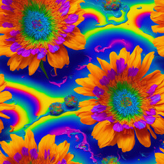 Colorful Psychedelic Seamless Impasto Flowers, 3d Flowers