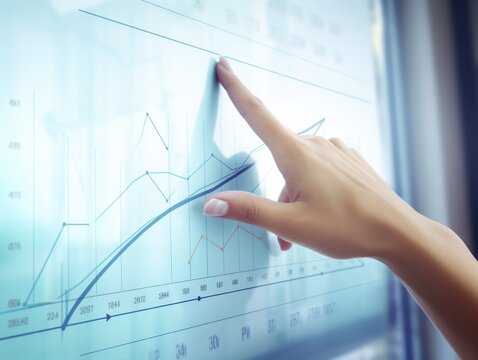 Woman's hand pointing to a white board with business charts. AI generative.