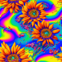 Colorful Psychedelic Seamless Impasto Flowers, 3d Flowers