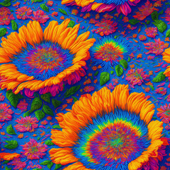 Colorful Psychedelic Seamless Impasto Flowers, 3d Flowers
