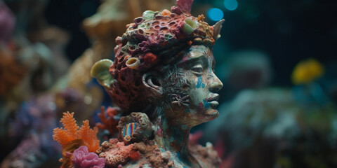 Coral-Encrusted Ancient Sculpture Head in Underwater Setting