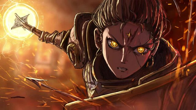 A fierce paladin girl in armor with a shield rushes into battle with electric mace, preparing to deliver a crushing blow of divine hatred, she has yellow magical eyes. clean looped 2d animated art