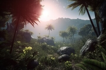 Tropical jungle with the planet Mars in the background