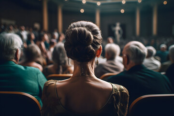 Girls in classic clothes in beautiful dresses with gentlemen are sitting on the seats in the hall in the theater watching the performance on stage. Generative AI.