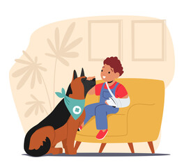 Little Boy Character With A Hand Fracture Is Accompanied By His Guide Dog, Who Providing Him With The Support
