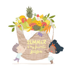 Cute Cartoon Children holding a Big Basket of Fruit and Vegetable Harvest