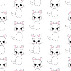 Seamless pattern with a cute cat on a white background.