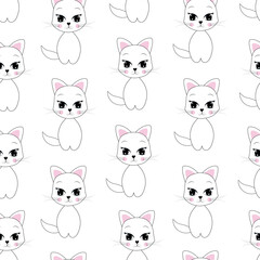 Seamless pattern with a cute cat on a white background.