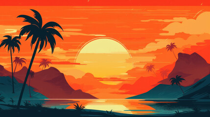Fototapeta na wymiar Drawing minimal tropical beach background. Retro tone color style. Summer holiday and travel vacation concept. Generative ai.