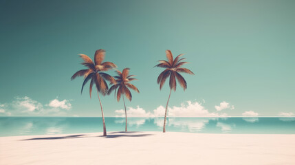 Drawing minimal tropical beach background. Retro tone color style. Summer holiday and travel vacation concept. Generative ai.