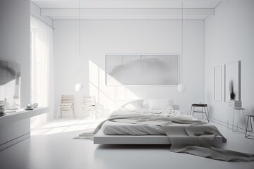 White monochrome minimalist bedroom.