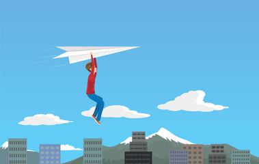 Obraz na płótnie Canvas boy soaring through the clouds with a paper plane