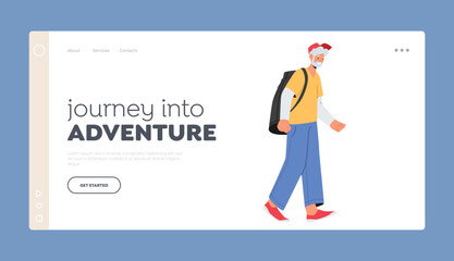 Old Person Engaged In Adventure Journey Landing Page Template. Senior Tourist Man Character Walking A Backpack