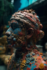Coral-Encrusted Ancient Sculpture Head in Underwater Setting