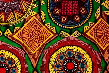 Fotobehang Tissu africain, wax, motifs géométriques, tissu d'Afrique - Motif textile wax ethnique - Texture de tissu décoratif aux couleurs vives - Générative IA © Concept Photo Studio