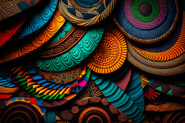 Arrière plan africain, wax, motifs géométriques, tissu d'Afrique - Motif textile wax ethnique - Texture de tissu décoratif aux couleurs vives - Générative IA