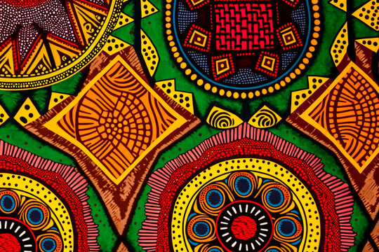Tissu africain, wax, motifs géométriques, tissu d'Afrique - Motif textile wax ethnique - Texture de tissu décoratif aux couleurs vives - Générative IA