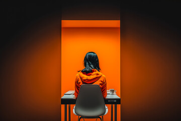 Femme assise sur une chaise face à un bureau et un  mur orange -Générative IA