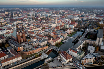 Fototapeta na wymiar Opole, panorama of Old Town and Oder, cathedaral, water canal and city center.