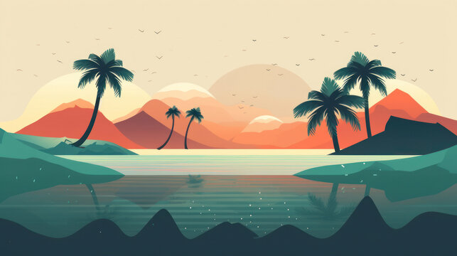 Drawing minimal tropical beach background. Retro tone color style. Summer holiday and travel vacation concept. Generative ai.
