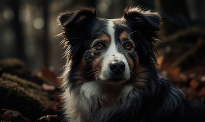 close up photo of border collie on dark forest background. Generative AI