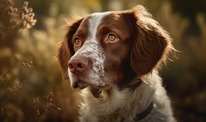 close up photo of Brittany spaniel on blurry forest background. Generative AI