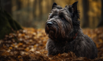 photo of bouvier des Flandres lying in a forest during sunset. Generative AI