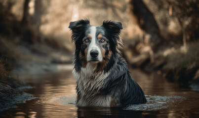 photo of border collie sitting in water. Generative AI