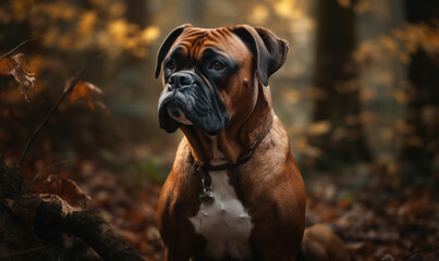 Fototapeta premium photo of Boxer dog on forest background. Generative AI