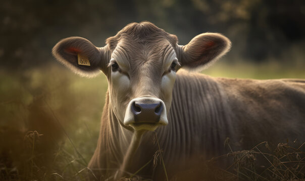 close up photo of Brown Swiss on forest background. Generative AI