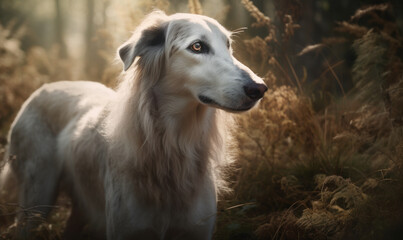 Obraz premium close up photo of borzoi on forest background. Generative AI