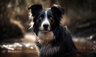 photo of border collie sitting in water. Generative AI