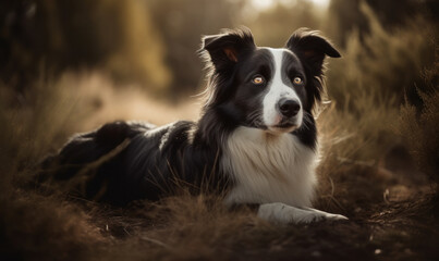 photo of lying border collie in a field. Generative AI