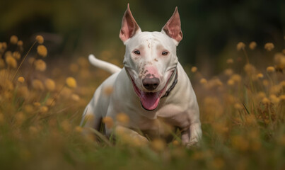Energetic Bull Terrier in Natural Setting as it joyfully bounds through a grassy meadow, showcasing the muscular physique and playful nature of the dog. Generative AI.