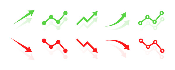 Set of financial arrows up and down. Green and red arrows with shadow. Increase and decrease. Vector 10 EPS.