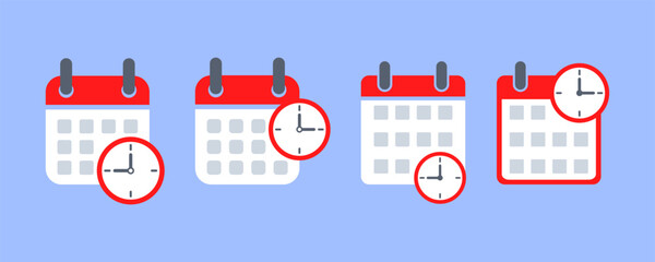 Set with deadline icons on blue background. Red calendar with time. Symbol of reminder.