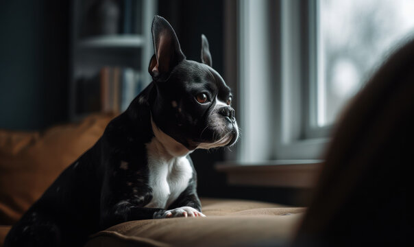 photo of a Boston Terrier in a domestic environment, in a cozy living room, with the dog perched on a comfortable sofa, looking out of a window on a rainy day. Generative AI