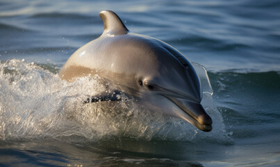 photo of bottlenose dolphin leaping out of the water in its natural habitat. Generative AI