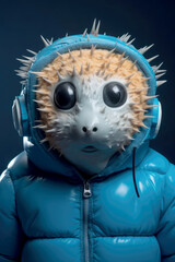 A pufferfish wearing headphones and a blue jacket by generative AI