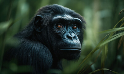 bonobo in its natural habitat, surrounded by lush green vegetation with distinctive dark face, long hair, and lanky limbs. Its expressive eyes gaze off into the distance. Generative AI