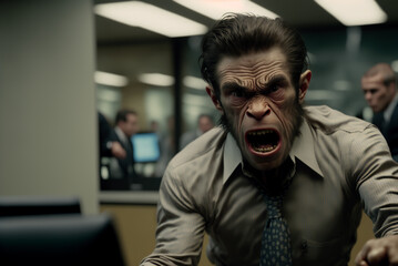 Fototapeta premium Angry monkey ape head businessman as boss business concept,generative ai.