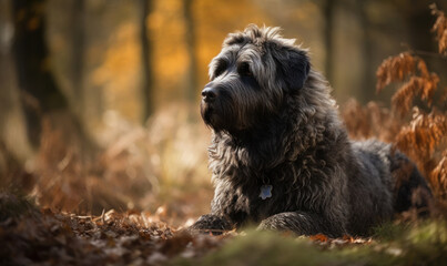 photo of bouvier des Flandres lying in a forest during sunset. Generative AI