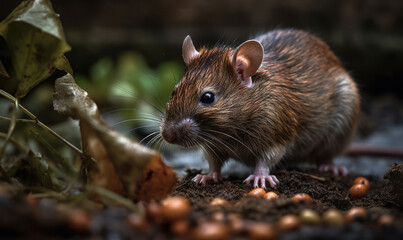 Photo of Brown rat in natural urban environment. The rat is frozen mid-movement, with its sharp claws digging into a discarded piece of food, showcasing its agility and resourcefulness. Generative AI